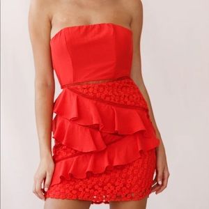 Selfie Leslie ARAMIS STRAPLESS LACE & RUFFLE DETAIL DRESS RED size xs
